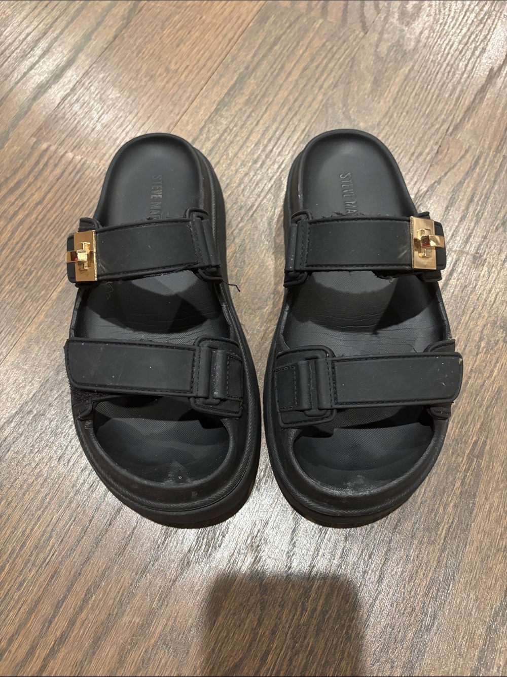 Steve Madden Black Slide Sandals with Gold Accent